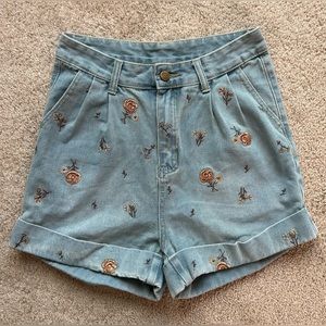 High Waisted Floral Embroidered Denim Shorts